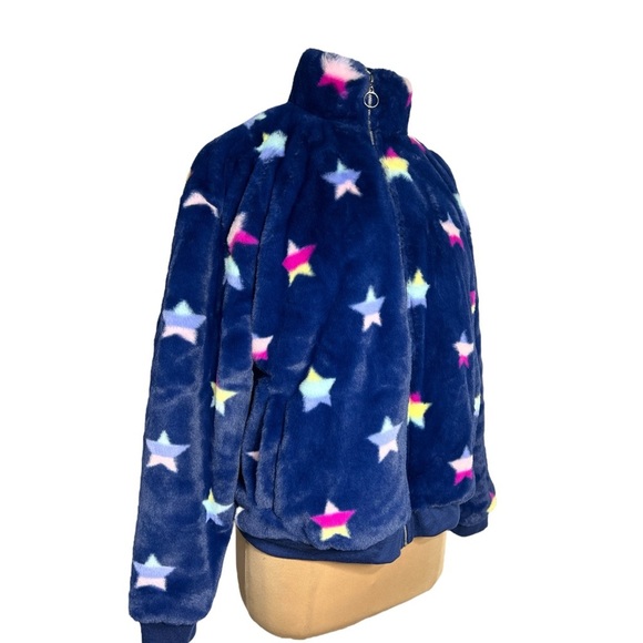 Crown & Ivy blue plush bomber jacket with multicolor star print Size Large - Picture 2 of 8